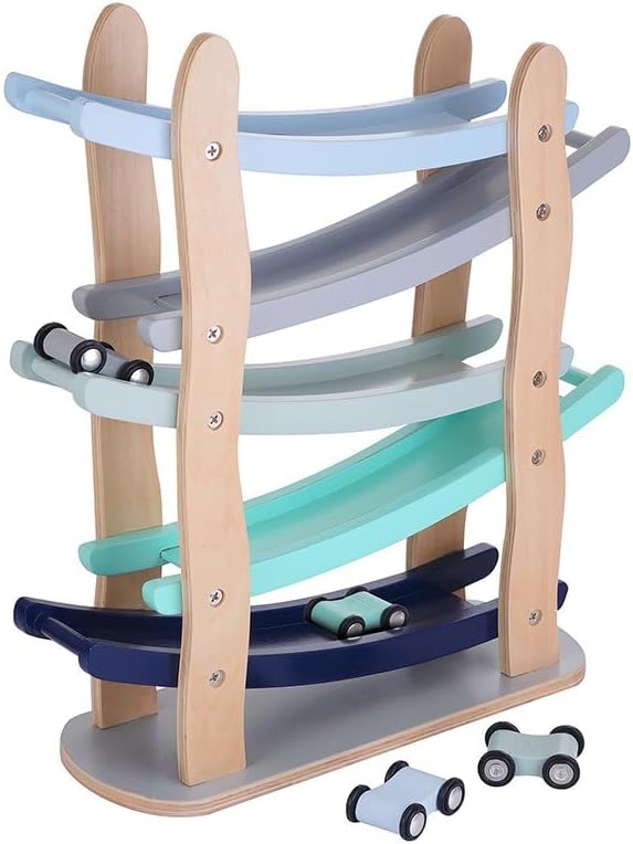 KindsgutMarble Run, Wooden Motor Skills Toy with 4 Cars, Subtle Colours and Environmentally Friendly Materials, Free from Harmful substances and Suitable for Children, Cars