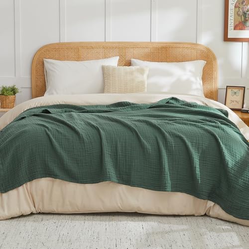 Image of EMME Muslin Blankets for Adults Throw Blanket for Couch Breathable Gauze Soft Lightweight Airy Forest Green King 108 inch x 90 inch