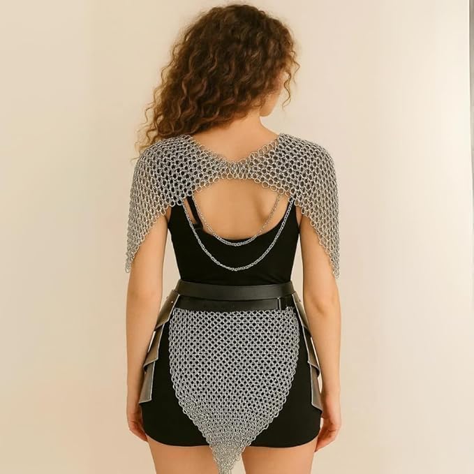 Medieval Lady Chainmail Armor with Tasset Belt – Female Knight Steel Chainmail Shoulder Mantle & Hip Armor for Cosplay, LARP & Halloween Costume