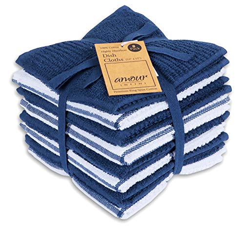 Image of AMOUR INFINI Dish Cloths for Washing Dishes Set of 8 - Highly Absorbent, Super Soft Kitchen Dishcloths - Reusable Quick Dry Dish Rags for Cleaning & Drying Kitchen Linens (12x12 Inch - Blue)