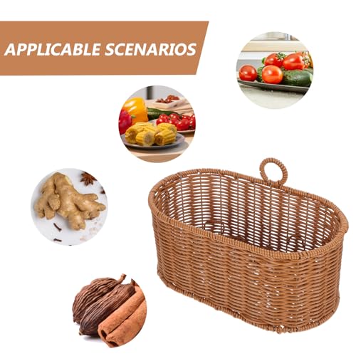 Cesta colgante de pared marrón de plástico tejido resistente con estructura de hierro 4