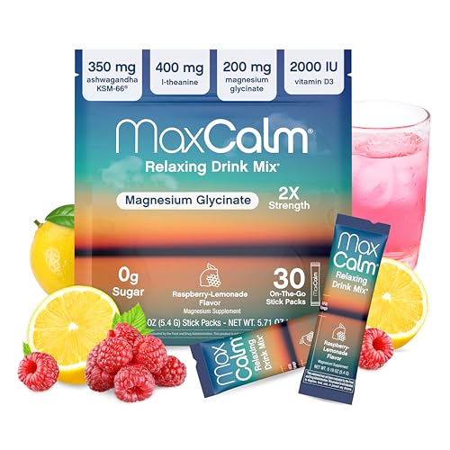 Max Calm Relaxing Drink Mix | Raspberry-Lemonade Flavor | Magnesium & KSM-66 Ashwagandha Supplement | Supports Relaxation | 30 Single-Serve Packets