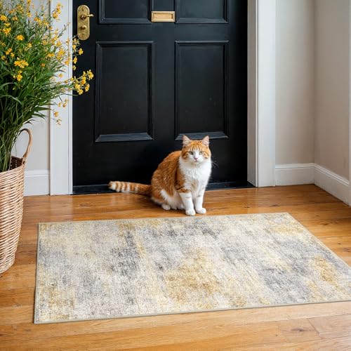 2x4 Runner Rug Washable Abstract: Non Slip Entryway Throw Rugs Grey/Yellow
