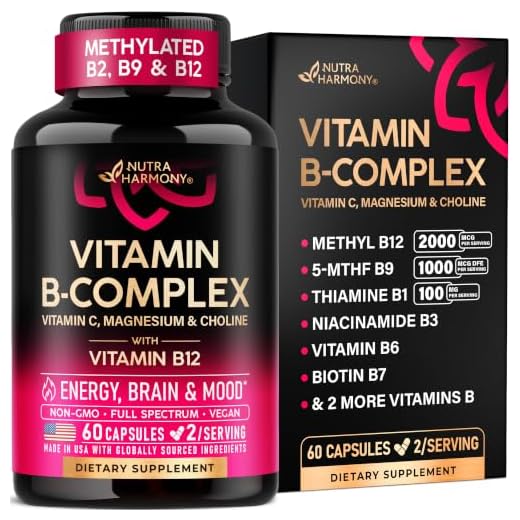 NUTRAHARMONY Vitamin B Complex - Made in USA - 11-in-1 B-Complex: B1, B2, B3, B5, B5, B6, B7, B9, B12 + Vitamin C, Choline, Inositol - Energy, Brain & Heart Support Supplements - 754 mg - 60 Capsules