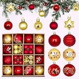 44Pcs Xmas Baubles, Red and Gold Christmas Tree Baubles Set, Xmas Balls Ornaments Christmas Tree Decorations Shatterproof Balls Seasonal Decorative Winter Holiday Party Home