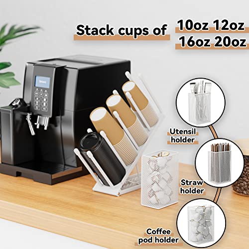 OVICAR Support de tasse et couvercle – Porte-gobelet réglable à 4 compartiments jetables avec paille de café pour station de café, bar, comptoir, salle de pause, métal blanc – vue 3