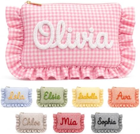 Personalized Ruffle Makeup Bag, Custom Embroidered Bridesmaid Pouch