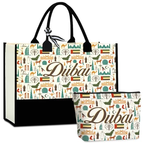 CHQIUCR Dubai Canvas Tote Bag for Women Dubai Souvenirs Gifts - Reusable Weekender Beach & Shopping Bag, Eco-Friendly Travel Gift, Vacation Souvenir, Christmas Presents