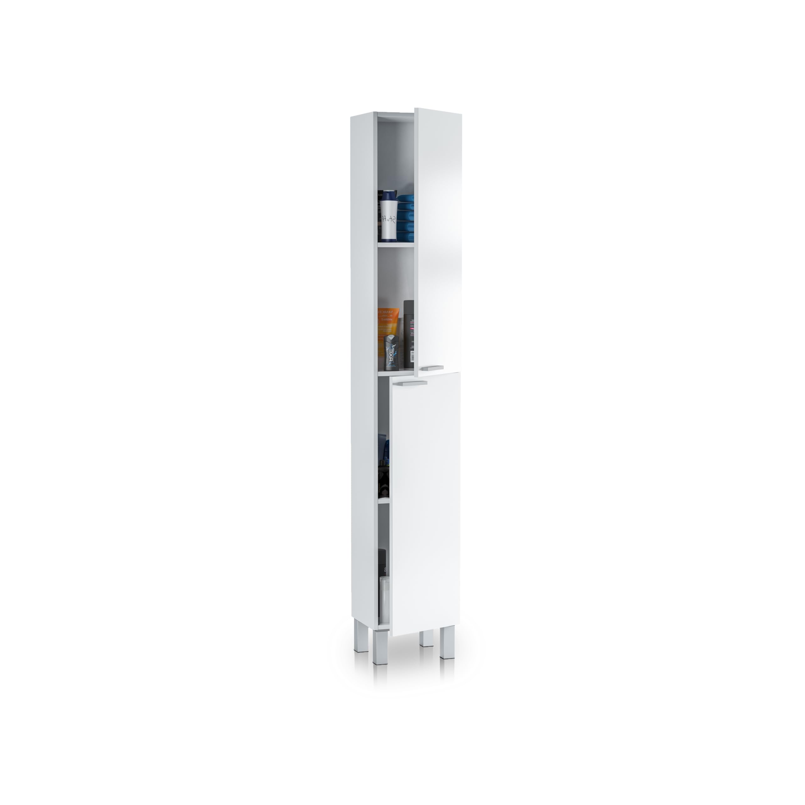 duehome | Mueble de Baño, Columna de baño 2 Puertas y 4 Patas, Modelo Inspire, Acabado en Color Blanco Brillo, Medidas: 30 cm (Ancho) x 182 cm (Alto) x 25 cm (Fondo)