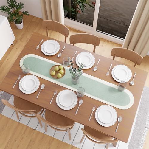 Image of Encasa XO Table Runner for 4 Seater | Handmade Ribbed Style Cotton | 30x137 cm | Sage & Off White | for Dining & Center Table