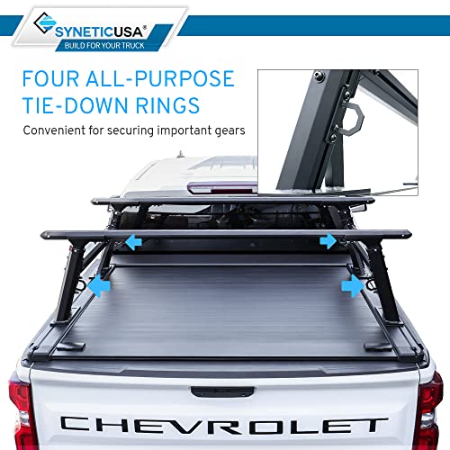 Syneticusa Retractable Hard Tonneau Cover Fits 1999-2018 Chevy Silverado/Gmc Sierra 1500/2500/3500 6'6" Truck Bed With Adjustable Rack Kit Aluminum Matte Black Low Profile Waterproof Off Road #TOP4