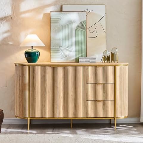 T4TREAM Fluted Sideboard Buffet Cabinet, Modern 60" Buffet Table Coffee Bar Wine Bar Storage Console Cabinet, Accent Table for Dining Room, Living Room, Hallway, Natural Oak Cover