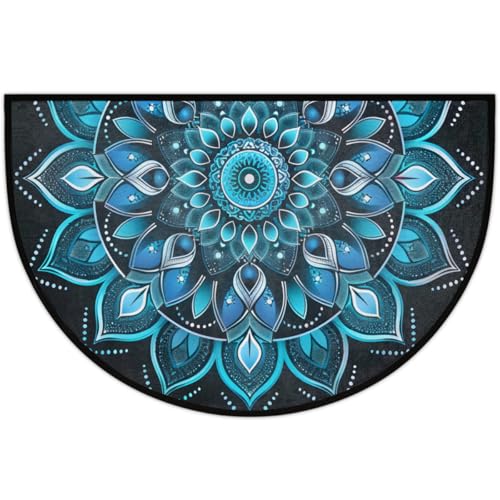 Image of cfpolar Half Round Door Mat Ethnic Mandala Blue Floral Non-Slip Semi Circle Area Rug Washable Half Moon Hearth Rugs for Indoor Outdoor Bathroom Kitchen Patio Runner Mat Laundry Room Home Decoration