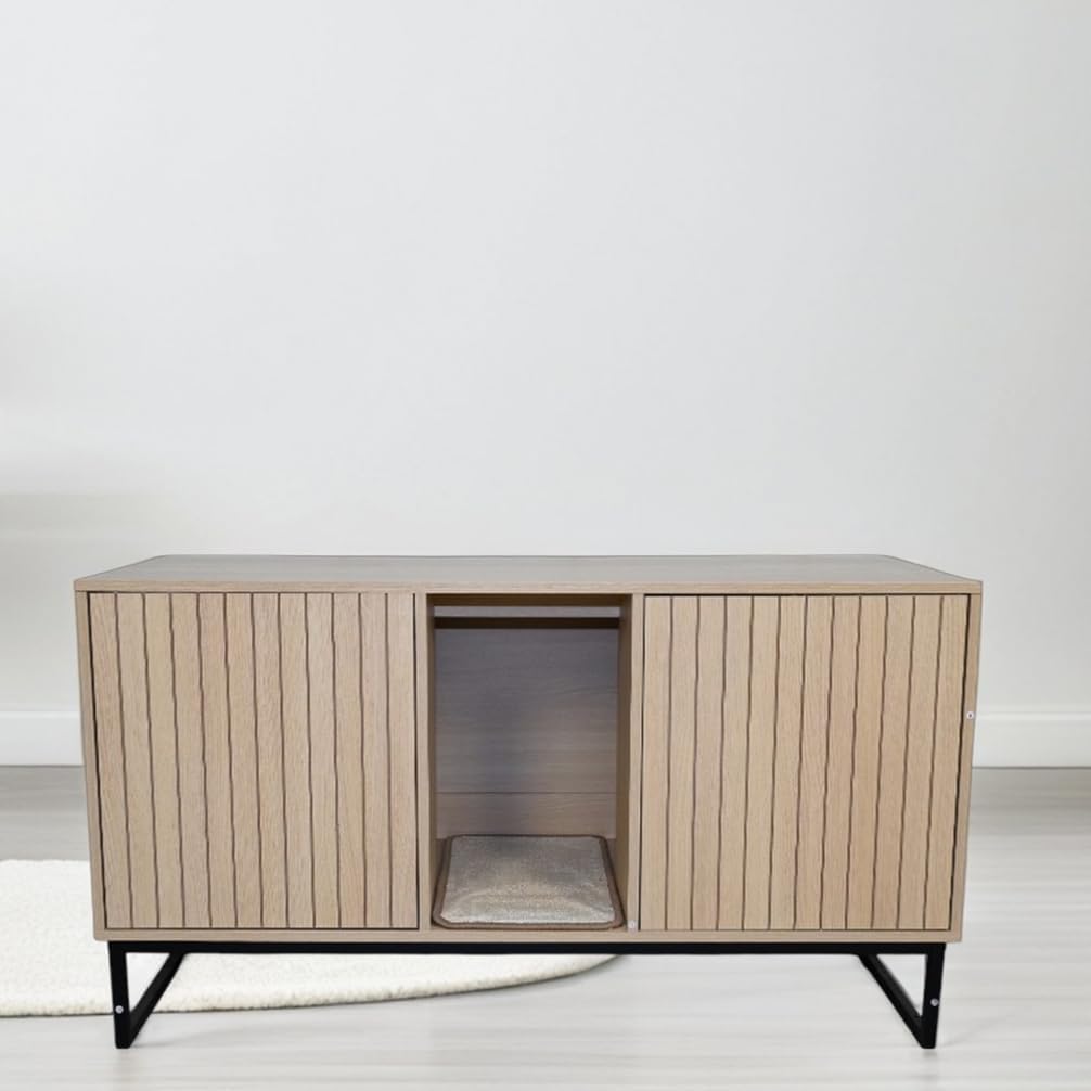 POPETPOP Cat Litter Box Enclosure: Wooden Indoor Cat House Large - Modern End Table with Scratching Board and Metal Legs for Living Room Bedroom Balcony Washroom, 47.56 X 25.93 X 21.42 in