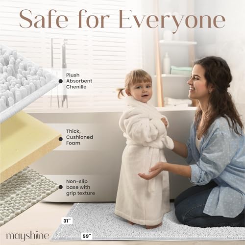 Image of MAYSHINE Plush Shaggy Chenille Bath Mat | Extra Soft, Super Absorbent, Non-Slip Bathroom Rug | Fluffy Microfiber, Area Rug Sets for Bathroom Floor, Kitchen, Living Room | 59 inchx31 inch | White