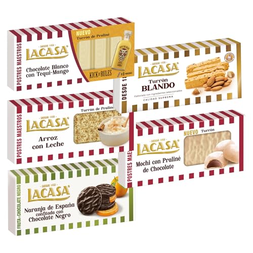 Pack Surtido 5 Turrones Lacasa:Naranja de España Confitada,Blando,Arroz con Leche,Blanco con Tequi Mango,Mochi con Praliné de Chocolate