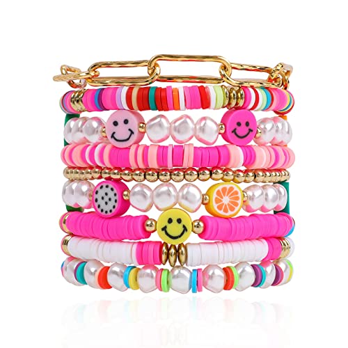 Colorful Heishi Surfer Bracelets Set for Women Stackable Clay Beaded Bracelets Disc Stretch Preppy Bracelets Smiley Face Friendship Bracelets Team Cheer Bulk Boho Summer Beach Jewelry Gift - Main Image