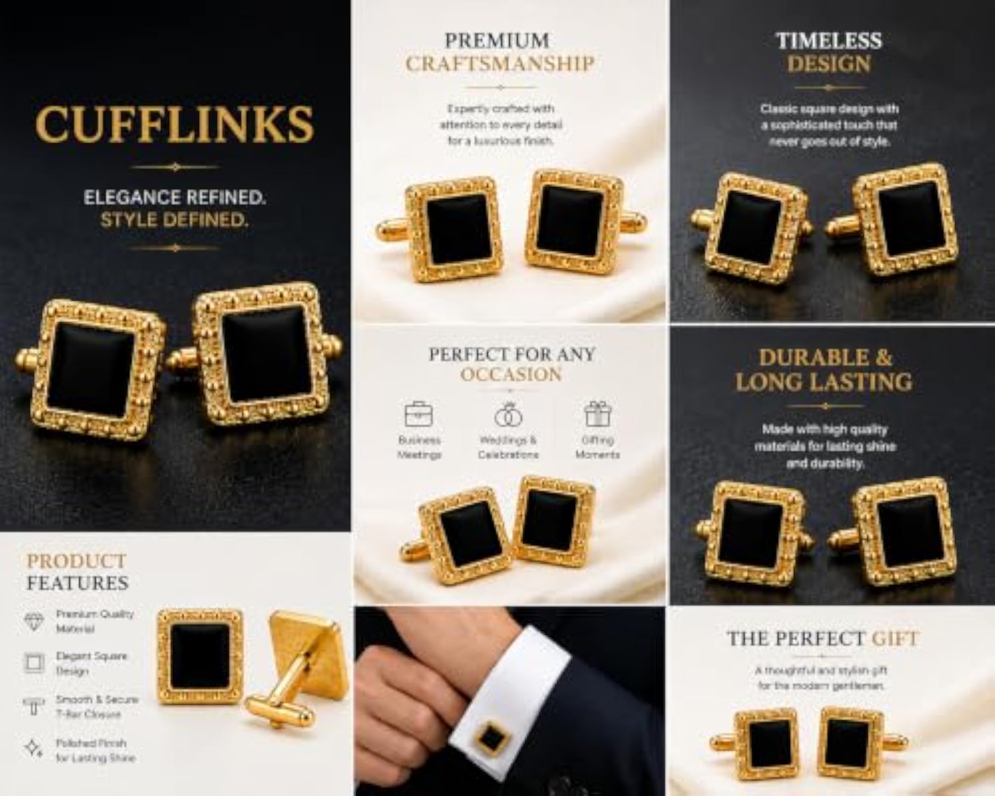 Silver Black Square Cufflinks for Men, Elegant Gift Box