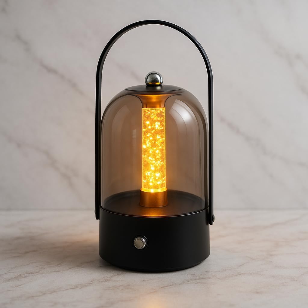 USB Rechargeable LED Lantern Lamp with Smoked Glass Dome – Portable Warm Ambient Light with One-Touch Control & Metal Base-image-23