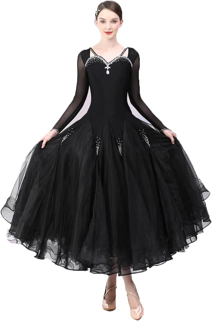 Vsadsau Women Gauze Stitching Rhinestones Ballroom Dance Competition Dress Waltz Dress Ball Gown