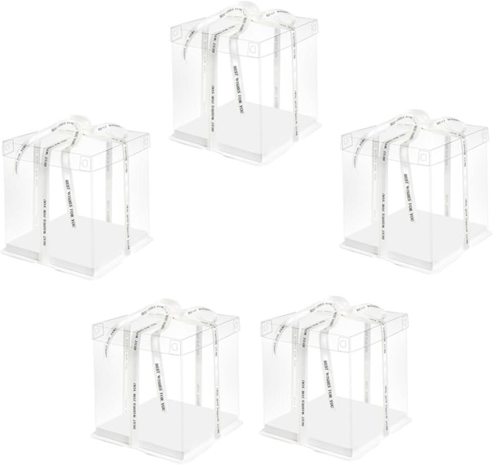 5pcs 8-inch Cake Boxes with Ribbon, Single Layer Square Cake Wrapping and Storage Containers for Birthday Party and Bakery Use
