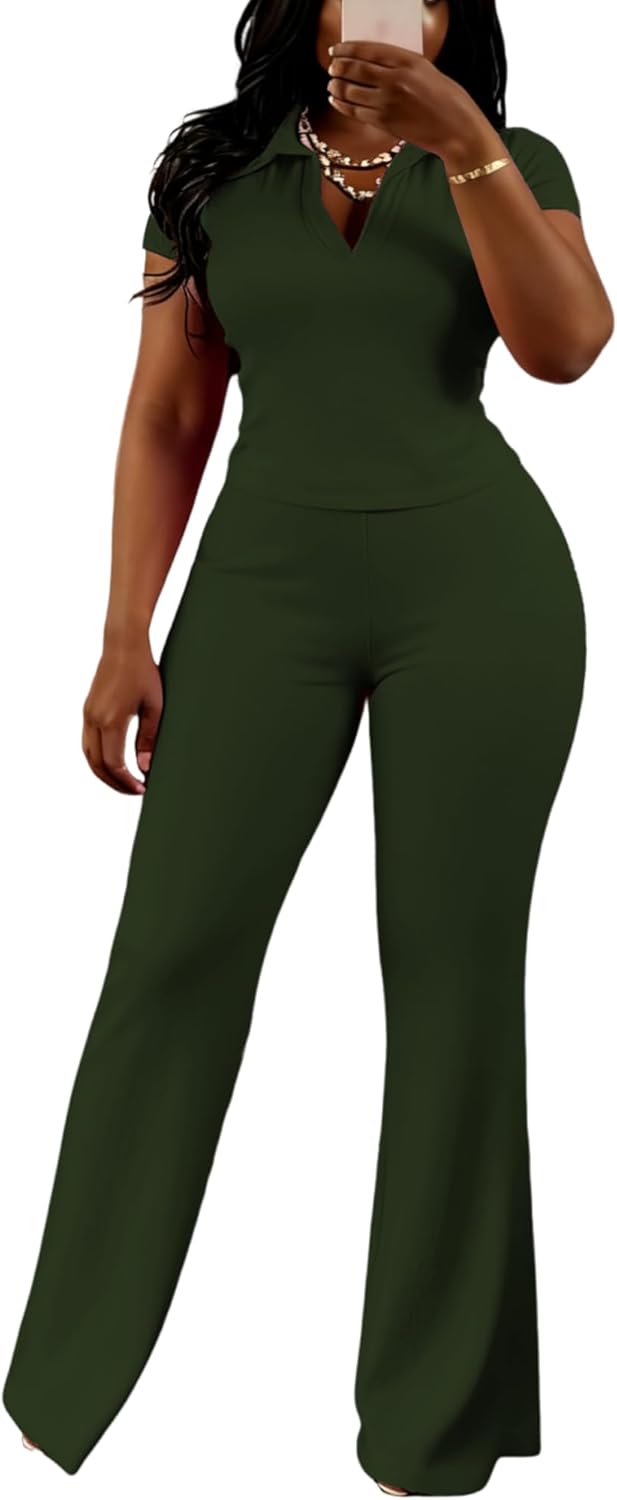 HBQ Women's 2 Piece Outfits Slim Fit V Neck Polo Top Flare Pants Short Sleeve Casual Matching Set