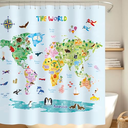 BASHOM BSC-615 Carte mondiale des animaux Douche Curtain pour enfants imperméable Salle de bain décoratrice 71''x71'' (180x180cm) Polyester Tissu avec 12...