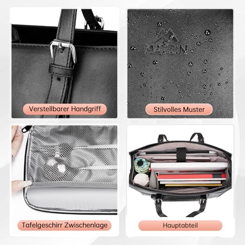 MATEIN Laptoptasche Damen mit Isolierted Lunch-Fach, Laptop Handtasche 15.6 Zoll, Arbeitstasche Damen Groß, Aktentasche Wasserdicht, Shopper Tasche Leder, Schultertasche für Business, Schule, Schwarz