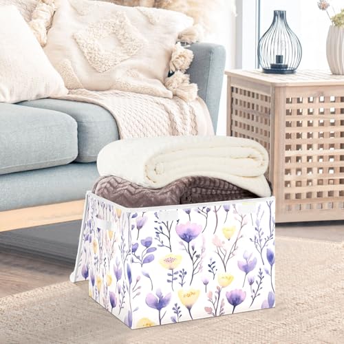 Image of senya Large Storage Bins with Linen Yellow Purple Flower Collapsible Foldable Storage Cubes Fabric Closet Organizer Containers Box with Flip-Top Lid for Home Bedroom Office 16.7 x 12.6 x 11.8in