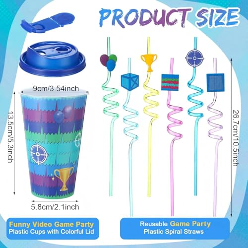 Yungyan 16 Sets Funny Video Game Party Favors Goodie Cups with Lids and Straws for Birthday Decorations Reusable 16oz Plastic Candy Cups Plastic Straws for Birthday Party by Yungyan - Used condition - Image 2