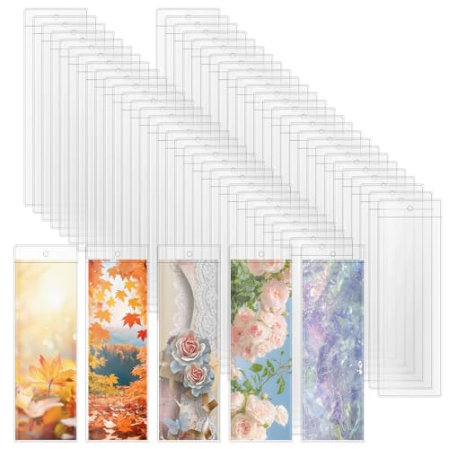 SBYURE 100 PCS Clear Bookmark Sleeves 7.5 x 2.5 Inch Blank Bookmark Holder Large Clear Photo Booth Sleeves with Hole Book Marker Cover Holder for Wedding Valentines Party Favor Decoration