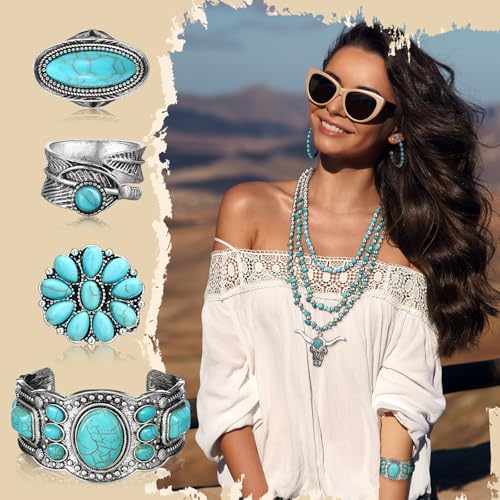 Image of Ecally Bohemian Western Jewelry Turquoise Set Women Country Pendant Long Choker Layered Bracelets Earrings Ring for Women