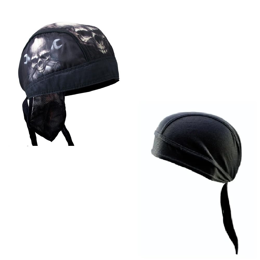 Generic Lot or Set of 2 Black White Skull with Crossbone Wrenches and Solid Black Moisture Wicking Headwrap