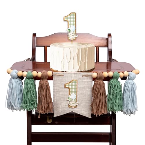 KIETKIE Wild Duck 1st Birthday Decorations - One Lucky Mallard Wooden Cake Topper and One Wild Duck High Chair Banner Farm Animal themed Green Gingham Number 1 Party Supplies (Wild Duck Set)