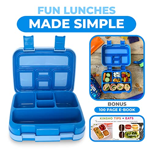 Image of kinsho Bento Lunch Box for Kids Toddlers Boys, 5 Portion Sections Secure Lid, Microwave Safe BPA Free Removable Tray, Pre-School Kid Daycare Lunches Snack Container Ages 3 to 5, Blue
