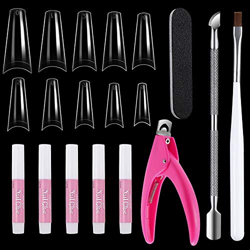 Clear Coffin Nail Tips - False Nails with Glue Unmoony Nail Tips and Glue 500pcs Half Cover Acrylic Nail Tips with Bag, 5pcs Nail Glues, 1pc Nail File Clipper Brush, 1pc Cuticle Pusher