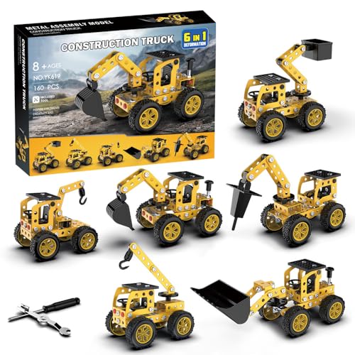 Kit de construction métallique – Véhicules de chantier, contenant 160 pièces, puzzle métallique 3D 6 en 1, cadeau d'anniversaire, jouet de construction...