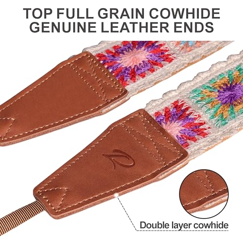 Image of Padwa Lifestyle White Crochet Camera Strap - 2 inch Full Grain Leather Ends Camera Straps for Photographers, Vintage Embroidered Cotton Soft Suede Fabric Padded Strap with Quick Release fits All Cameras