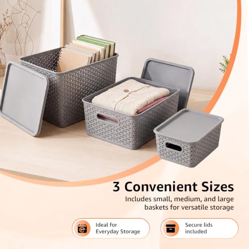 Image of Amazon Basics Set of 3 (Small, Medium, Large) Plastic Storage Baskets with Lid Stackable Shelf Basket, Storage Box & Organiser for Wardrobe, Kitchen,Clothes, Toys, Books, Office (Grey, Rectangular)