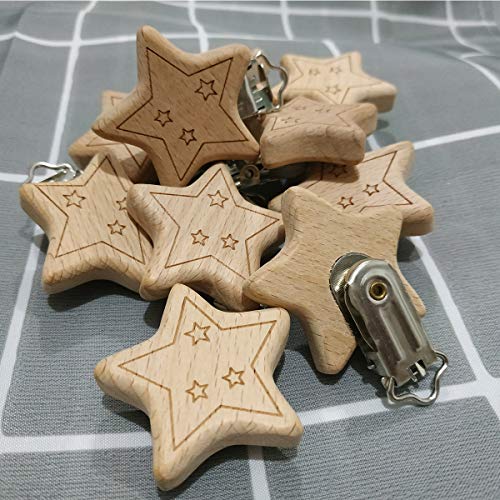 Image of 5pcs Natural Wood Suspender Pacifier Clips Cute Beech Wooden Animal Start Shape Clips DIY Beading Pacifier Chain Accessory