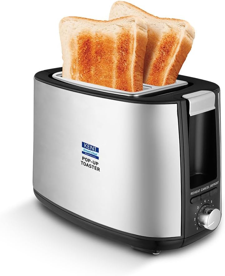 KENT Pop Up Toaster 750 W | 2 Slice Automatic Pop Up | Durable Stainless Steel Body | 7 Browning Modes | Reheat Function | Removable Bread Crumb Tray | Cord Storage Under Base | Silver color