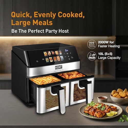 Image of KENT Digital Air Fryer 10L| 2000W | Up to 80% Less Oil Usage | 10 Preset Menu |Digital Display & Touch Control Panel |Glass Window with in built Light | Dual Basket for Cooking 2 Dishes Simultaneously