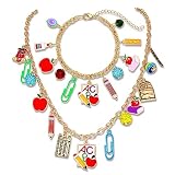 YAHPERN Teacher Necklace Earrings Bracelet for Women, Teacher Accessories, Cute Pencil Book Charms Bracelet Choker Necklace Earrings Appreciation Gifts Back To School Jewelry