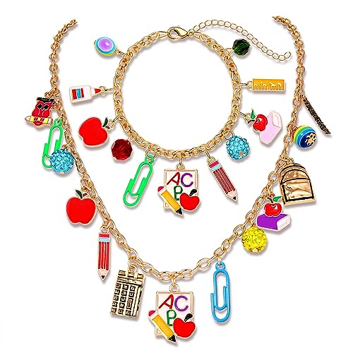 YAHPERN Teacher Necklace Earrings Bracelet for Women, Teacher Accessories, Cute Apple Pencil Book Charms Bracelet Choker Necklace Apple Earrings Teacher Appreciation Gifts Back To School Jewelry