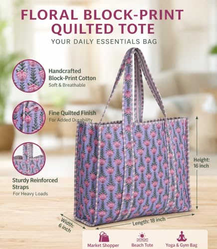 Image of Cotton Tiger Block Print Tote Bag, Indian Handmade Shopping Shoulder Bag, Unisex Market Daily Use