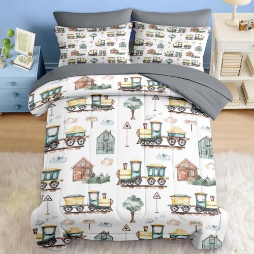 Pamnest Comforter Set Twin Size, Cute Cartoon Train 5 Pcs Bedding for Kids and Adults, Green Barn Tree Bed Sheet Sets with Fitted Sheet Pillowcase & Sham for Bedroom Bed Decor