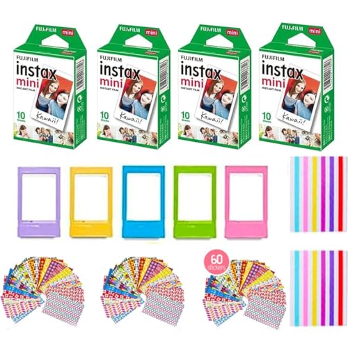 Fujifilm Instax Mini Instant Film (2 Pack 40 Sheets) 5 Plastic Desk Frames + 60 Sticker Frames + 2 Packs Corner Stickers