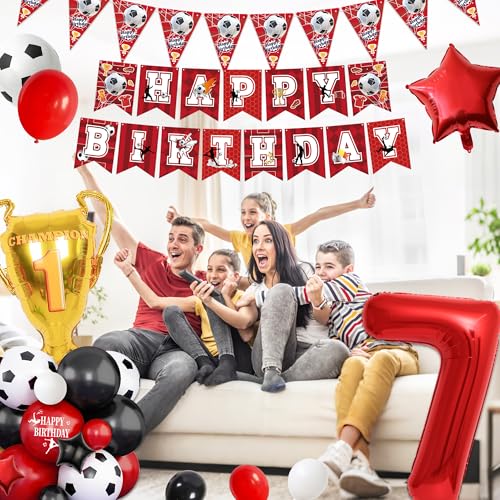 Football 7th Birthday Party Decorations - Red Soccer Theme for Boy Girl Happy Birthdy Banner Bunting Decor, Number Trophy Football Shirt Foil Balloons Boys Girls Sports Party Supplies - Image 5