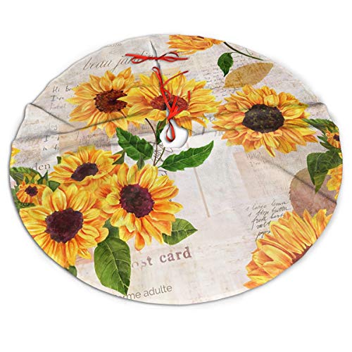 48  Christmas Tree Skirt, Vintage Grunge Yellow Sunflower Floral Pattern Large Tree Mat Base Cover for Xmas Festive Holiday Party Decoration Ornaments