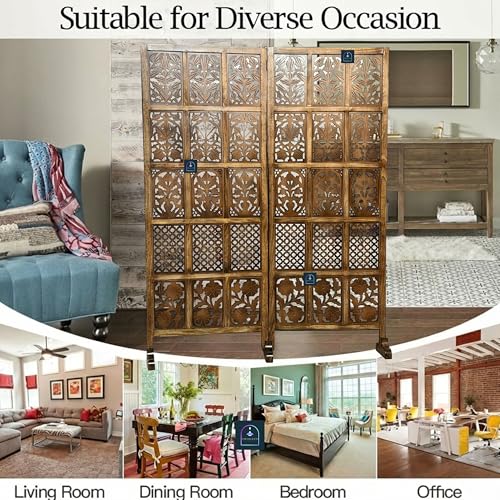 Image of Wooden Room Partition /Screen /Room Divider /Room Separator Burnt Wood Finish (Hand Buffing) Frame Traditional Handicrafts 6Ft Height (30 Inches Width 2 Panel)